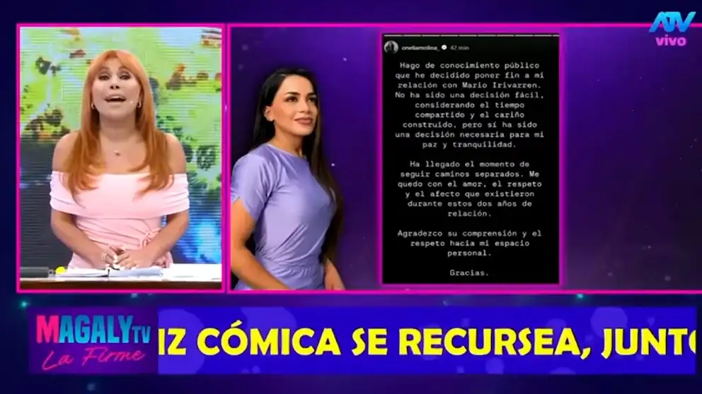 Magaly Medina apoyó la decisión de Onelia Molina de finalizar su relación con Mario Irivarren, calificándola como una mujer digna por ponerle fin y decir "esto se terminó".